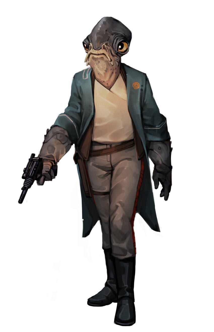 1boy alien aqua_coat black_boots black_gloves boots coat colored_sclera full_body gloves grey_pants gun handgun highres holding holding_gun holding_weapon long_coat male_focus mon_calamari open_clothes open_coat pants shirt solo standing star_wars weapon white_shirt will_nunes yellow_sclera