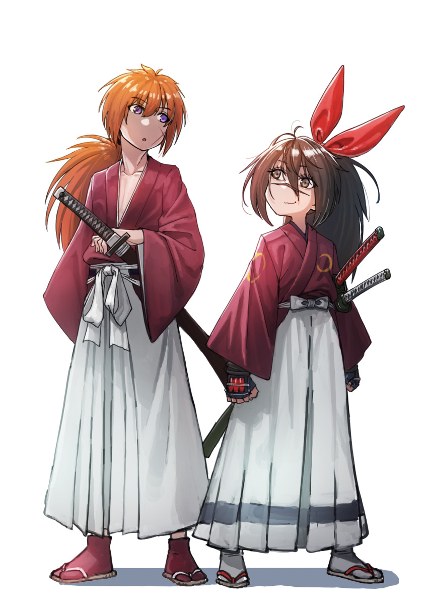 1boy 1girl arm_guards brown_eyes brown_hair crossover facial_scar full_body hakama highres himura_kenshin isekai_samurai japanese_clothes katana kimono orange_hair osanadaisuke purple_eyes red_kimono red_ribbon ribbon rurouni_kenshin sandals scar scar_on_cheek scar_on_face scar_on_nose standing sword trait_connection tsukitsuba_ginko weapon white_background white_hakama zouri