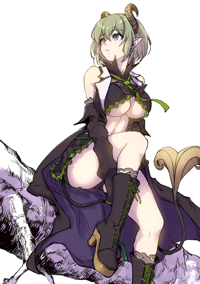 1girl absurdres bare_shoulders black_boots black_shirt black_skirt black_sleeves blue_eyes boots branch breasts brown_horns closed_mouth clothing_cutout colored_shoe_soles crop_top curled_horns demon_girl demon_horns demon_tail detached_sleeves expressionless foot_out_of_frame green_hair green_necktie hashtag-only_commentary heterochromia high_heel_boots high_heels highres horns jyaco large_breasts log long_sleeves looking_afar looking_to_the_side miniskirt monochrome_background nanashi_inc. navel necktie pointy_ears sekishiro_mico sekishiro_mico_(1st_costume) shirt short_hair sitting sitting_on_branch skirt sleeveless sleeveless_shirt solo tail tree underboob underboob_cutout virtual_youtuber white_background yellow_eyes