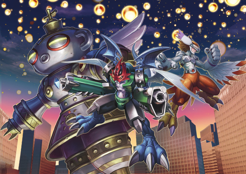 2boys armor belt belt_buckle blue_skin body_fur brown_hair buckle colored_skin digimon digimon_(creature) digimon_adventure_02 digimon_card_game doguu dragon dual_wielding feathers glowing glowing_eyes green_armor green_vest group_picture gun head-mounted_display helmet highres holding holding_gun holding_weapon multicolored_skin multiple_boys paildramon red_eyes red_fur red_helmet sasasi second-party_source shakkoumon silphymon talons two-tone_skin vest weapon white_feathers white_fur white_skin white_wings winged_arms wings