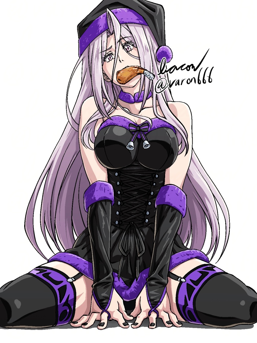 1girl bare_shoulders baron_(varon666) breasts collarbone fuuto_tantei garter_straps hat large_breasts long_hair nail_polish purple_eyes purple_hair santa_hat solo thighhighs tokime_(fuuto_tantei) varon