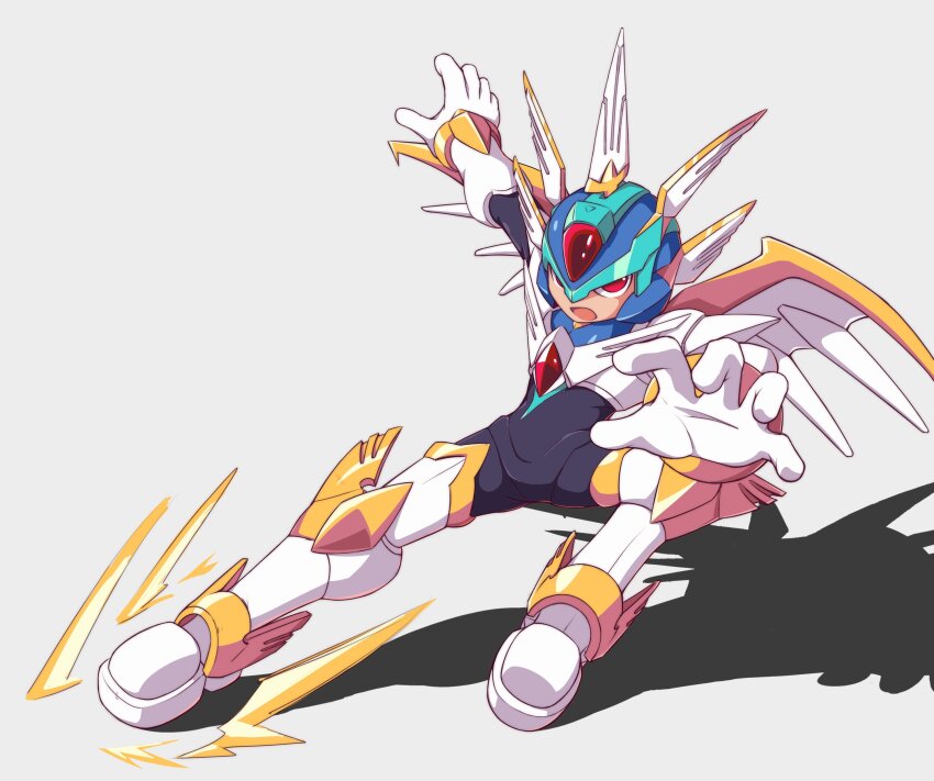 1boy absurdres armor blue_helmet copy_x_(mega_man) forehead_jewel full_body grey_background helmet highres male_focus mechanical_wings mega_man_(series) mega_man_zero_(series) simple_background sliding solo surrealmason white_armor white_wings wings