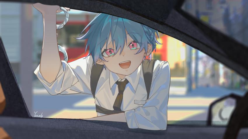 1boy blue_eyes blue_hair blurry blurry_background blurry_foreground car car_interior cuffs depth_of_field from_front from_inside handcuffs head_tilt highres leaning_forward looking_at_viewer looking_through_window male_focus motor_vehicle multicolored_eyes necktie open_mouth open_window original outdoors purple_eyes short_hair smile solo window yonab yonab_(yonab)