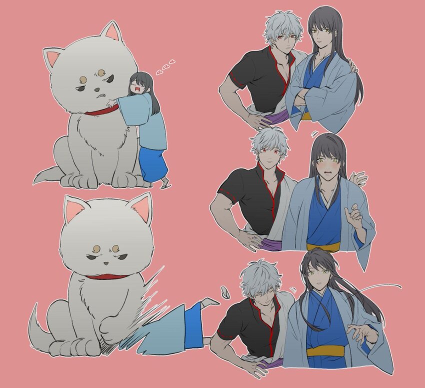 1other 2boys bad_id bad_twitter_id black_hair blue_kimono commentary dog fish_(m8snknk) gintama heart japanese_clothes katsura_kotarou kimono long_hair looking_at_viewer multiple_boys pink_background purple_sash sadaharu sakata_gintoki sash short_hair sidelocks simple_background smile white_hair yellow_sash