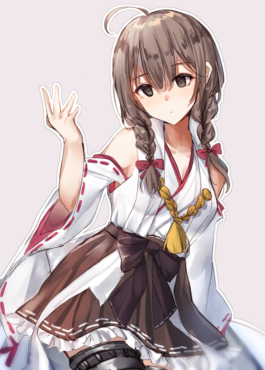 1girl ahoge braid breasts brown_eyes brown_hair brown_skirt cosplay detached_sleeves female_focus frilled_skirt frills hair_between_eyes hair_ribbon highres japanese_clothes kantai_collection kongou_(kancolle) kongou_(kancolle)_(cosplay) long_hair medium_breasts miyasaka_miyabi nontraditional_miko outline ribbon ribbon-trimmed_sleeves ribbon_trim shinshuu_maru_(kancolle) simple_background skirt solo twin_braids white_outline wide_sleeves