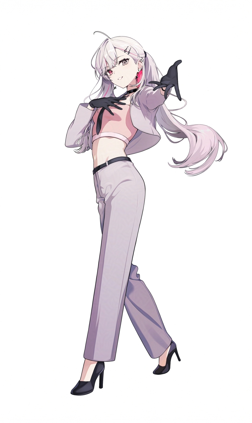 1girl absurdres black_gloves black_necktie cropped_jacket ear_piercing full_body gloves grey_jacket grey_pants hair_ornament hairclip heterochromia high_heels highres ishigami_nozomi jacket long_hair midriff necktie nijisanji pants piercing simple_background solo torianco3 twintails white_background