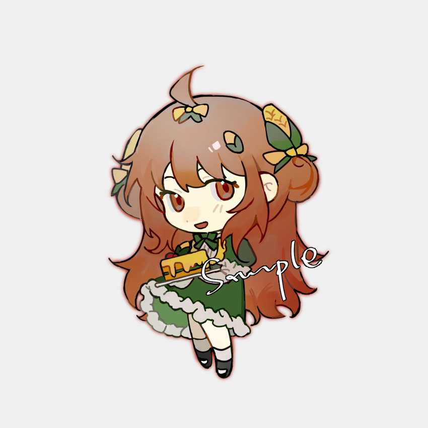 1girl ahoge black_shoes bow bowtie brown_eyes brown_hair cake chibi chibi_only chinese_commentary chuanhua commentary_request commission corn_hair_ornament dress food food-themed_hair_ornament frilled_dress frills green_bow green_bowtie green_dress grey_background grey_socks hair_bow hair_ornament highres holding holding_plate long_hair long_sleeves mary_janes open_mouth original plate sample_watermark shoes simple_background smile socks solo watermark yellow_bow