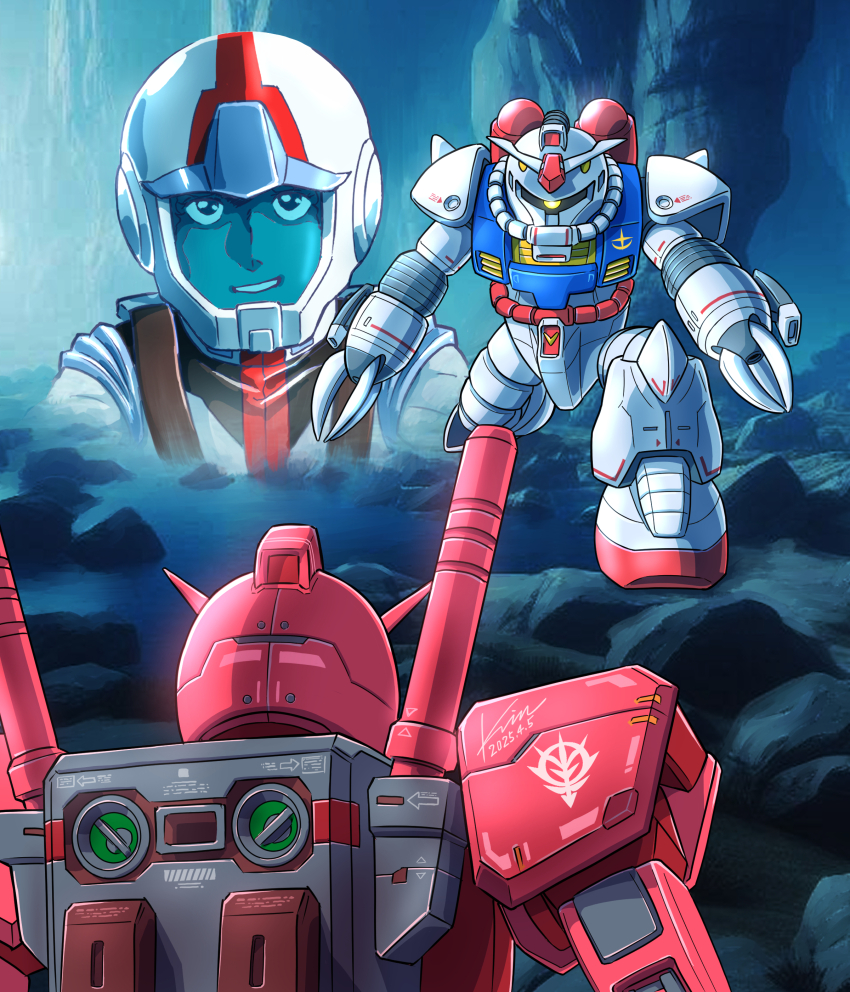 absurdres amuro_ray claws glowing glowing_eye gundam gundam_gihren_no_yabou helmet highres kobakin looking_at_viewer mecha mecha_pilot_suit military military_uniform mobile_suit mobile_suit_gundam normal_suit_(gundam) one-eyed robot rx-78-2_gundam rx-78-2_gundam_casval_custom science_fiction v-fin weapon z&#039;gok zeon