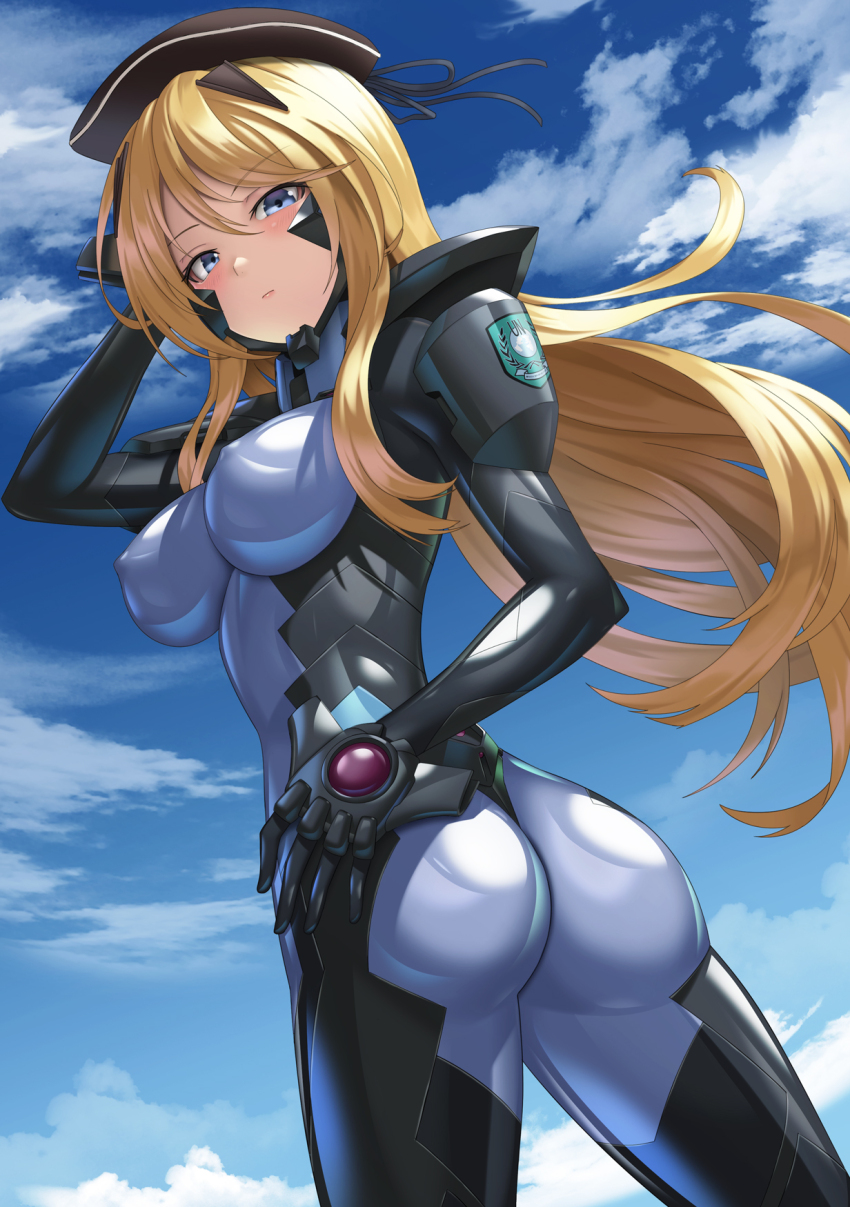 1girl armored_bodysuit ass baldr_sky black_bodysuit blonde_hair blue_bodysuit blue_eyes bodysuit breasts covered_erect_nipples fortified_suit hand_on_own_hip hat headgear highres impossible_bodysuit impossible_clothes kirishima_rain kurione_(zassou) long_hair looking_at_viewer mecha_pilot_suit medium_breasts muv-luv muv-luv_alternative shiny_clothes solo standing two-tone_bodysuit wind wind_lift