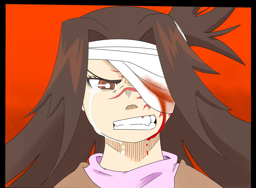 1girl bandage_over_one_eye blood bloody_tears brown_eyes brown_hair buddy_(lisa) crying crying_with_eyes_open highres indioweeaboo lisa_(series) lisa_the_joyful lisa_the_painful poncho red_background scar self-upload tears teeth