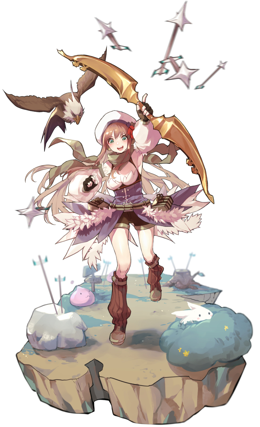 1girl arm_up arrow_(projectile) bird black_gloves black_shorts bow_(weapon) breasts brown_hair cleavage commentary_request commission corset detached_sleeves fingerless_gloves full_body gloves green_eyes green_scarf hat hawk highres holding holding_bow_(weapon) holding_weapon lala_(sputnik) large_breasts long_hair looking_at_viewer lunatic_(ragnarok_online) official_alternate_costume open_mouth poring purple_corset rabbit ragnarok_online ranger_(ragnarok_online) scarf shorts skeb_commission slime_(creature) smile solo tam_(ragnarok_online) weapon white_background white_hat white_sleeves