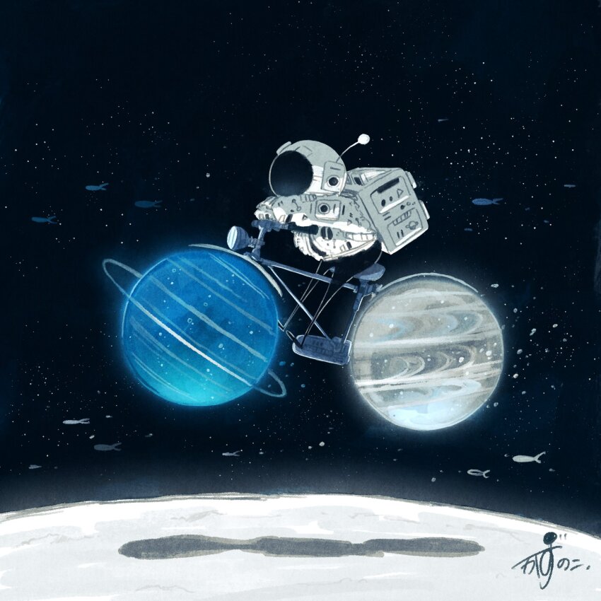 1other artist_name astronaut backpack bag bicycle commentary fish floating flying_fish gloves helmet highres kazunoko_(kazunoko_zunoco) original other_focus planet planetary_ring pun radio_antenna riding riding_bicycle shadow signature solo space space_helmet spacesuit star_(sky) white_gloves