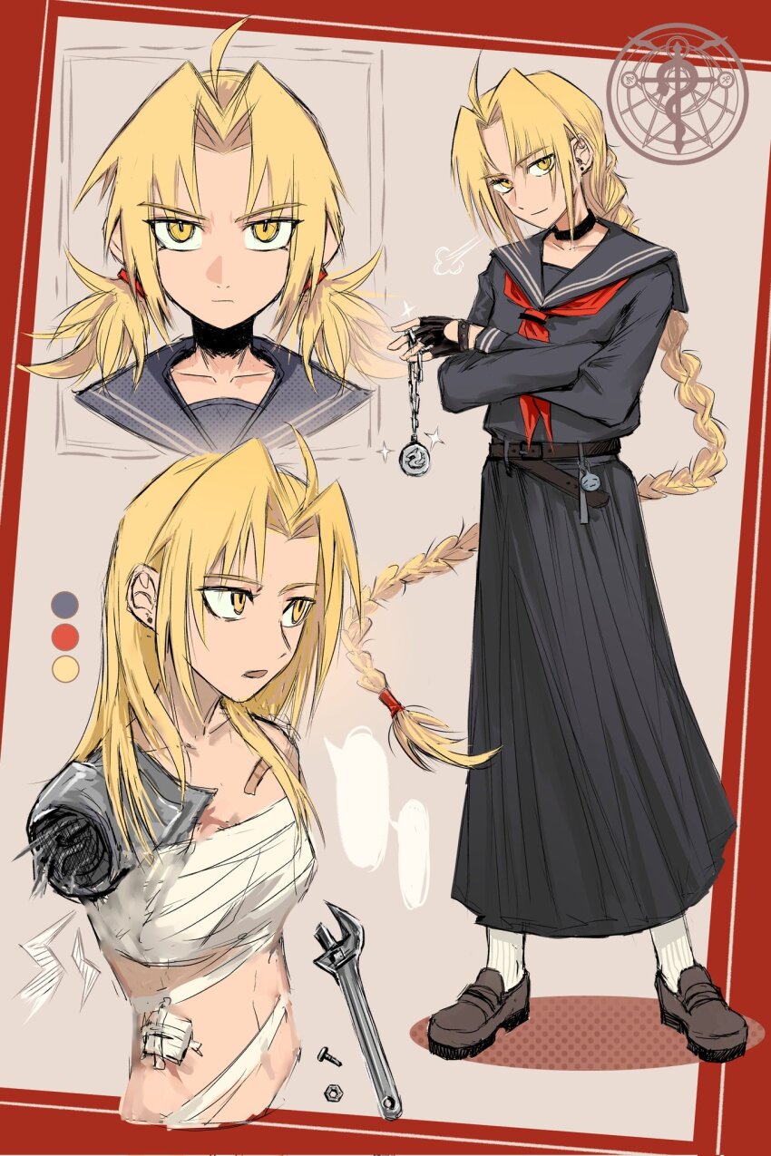 1girl ahoge alphonse_elric amputee bandaged_chest bandaid_on_chest belt black_choker black_sailor_collar black_serafuku black_shirt black_skirt blank_speech_bubble blonde_hair border braid braided_ponytail breasts brown_shoes character_charm charm_(object) choker closed_mouth collarbone commentary_request curtained_hair earrings edward_elric fingerless_gloves fullmetal_alchemist genderswap genderswap_(mtf) gloves grey_background highres holding holding_jewelry holding_necklace jewelry long_hair looking_at_viewer low_twintails mechanical_arms multiple_expressions multiple_views neckerchief necklace open_mouth red_border red_neckerchief sailor_collar sarashi school_uniform serafuku serious shirt shoes single_mechanical_arm skirt small_breasts sngmyqng2 socks speech_bubble standing stud_earrings twintails very_long_hair white_socks wrench yellow_eyes