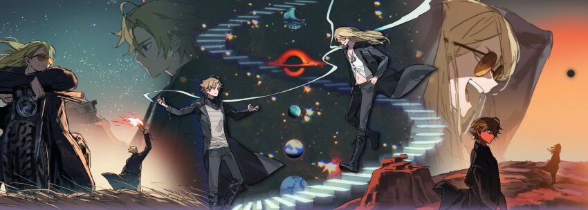 23hr55min 2boys black_coat black_pants blonde_hair blue_eyes coat daybit_sem_void fate/grand_order fate_(series) highres long_hair multiple_boys pants purple_eyes sunglasses tezcatlipoca_(fate)