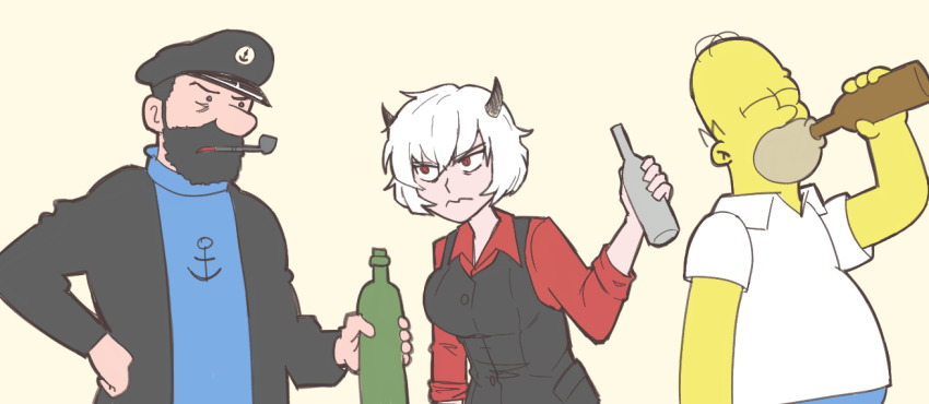1girl 2boys alcohol anchor_symbol bald beard beer_bottle black_hair black_horns bottle breasts captain_archibald_haddock colored_skin crossover drinking closed_eyes facial_hair hand_on_own_hip hat helltaker holding holding_bottle homer_simpson horns long_sleeves malina_(helltaker) medium_breasts mouth_hold multiple_boys smoking_pipe pocket pulledintonzrth red_eyes shirt short_hair simple_background standing the_simpsons tintin trait_connection white_hair white_shirt yellow_skin