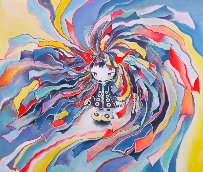 1other absurdly_long_hair black_jacket boots bright_pupils buttons closed_mouth colored_skin highres horns jacket kikuo light_blush long_hair long_sleeves painting_(medium) psychedelic red_lips si-ku standing traditional_media very_long_hair white_boots white_pupils white_skin