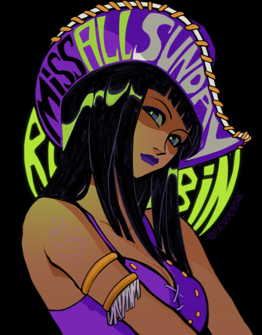 1girl armlet bare_shoulders black_background black_hair blue_eyes blunt_bangs blunt_ends character_name closed_mouth commentary cowboy_hat english_commentary hat highres jewelry looking_at_viewer nico_robin nico_robin_(whisky_peak) one_piece purple_hat purple_lips purple_shirt serpentire shirt solo upper_body