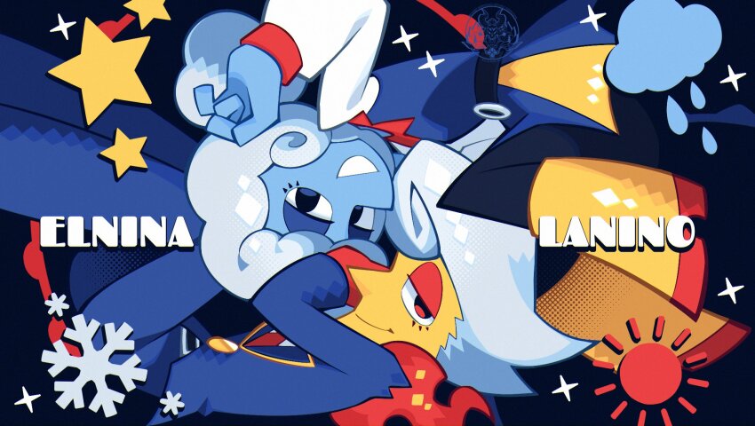 1boy 1girl black_leggings blue_eyes blue_jacket blue_pants blue_skin boots colored_skin deltarune elnina_(deltarune) hashtag-only_commentary highres jacket lanino_(deltarune) leggings looking_at_viewer medium_hair necktie pants ponytail raincloud red_eyes red_necktie reignbeaux13 shirt short_hair smile snowflakes sparkle star_(symbol) sun white_hair white_shirt yellow_boots yellow_skin