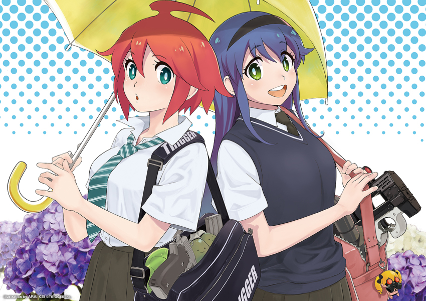 2girls :d ahoge aqua_eyes arai_kei artist_name bag bikini black_bag black_bikini black_bow black_hairband black_neckwear blonde_hair blue_hair blue_vest blush bow bullpup character_doll collared_shirt company_name diagonal-striped_clothes diagonal-striped_necktie diagonal-striped_neckwear explosive flower frag_(trigger) gas_mask green_eyes grey_skirt gun hair_between_eyes hair_bow hairband holding holding_umbrella hydrangea long_hair looking_at_viewer mask multiple_girls muzzle_(trigger) necktie official_art open_bag open_mouth parted_lips patterned_background pink_bag pleated_skirt print_bag purple_flower red_hair round_teeth school_uniform shared_umbrella shirt short_hair skirt smile spring_(trigger) striped_clothes striped_neckwear swimsuit teeth tongue trigger-chan trigger_(company) twintails two-tone_necktie umbrella vest weapon weapon_request white_background white_flower white_shirt yellow_umbrella