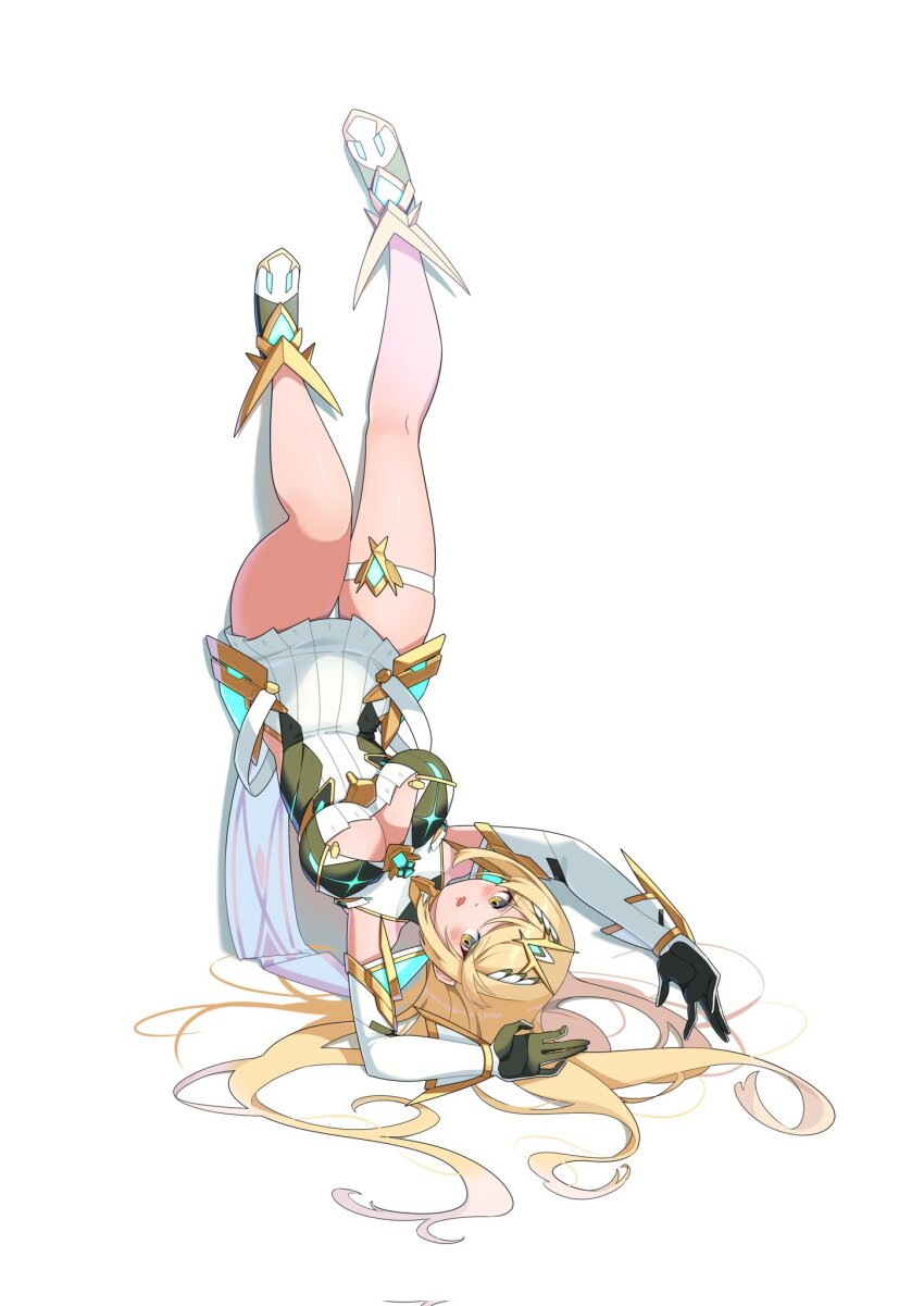 1girl blonde_hair breasts cleavage hehe_jun highres large_breasts mythra_(xenoblade) solo upside-down xenoblade_chronicles_(series) xenoblade_chronicles_2