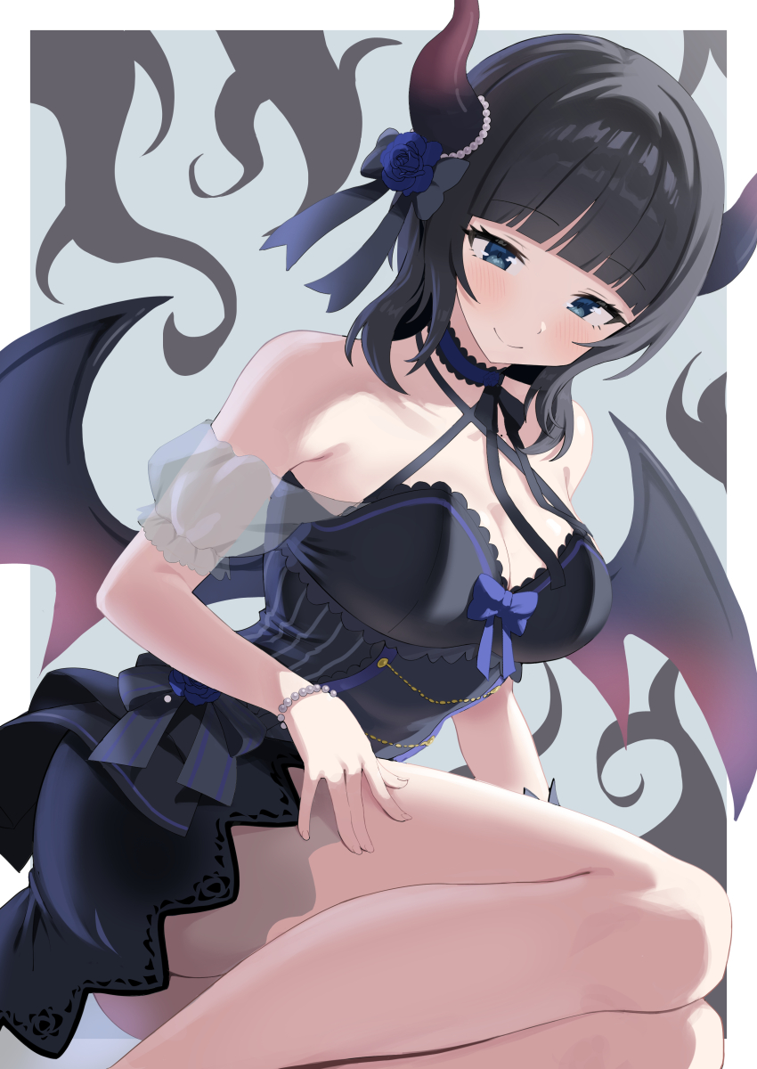 1girl absurdres armpit_crease asaka_karin bare_legs bare_shoulders black_dress black_hair black_horns blue_background blue_eyes blunt_bangs border breasts cleavage collarbone commentary criss-cross_halter demon_girl demon_horns demon_tail demon_wings dress feet_out_of_frame gradient_horns halter_dress halterneck highres horns large_breasts love_live! love_live!_nijigasaki_high_school_idol_club medium_hair multicolored_horns official_alternate_costume outside_border red_horns short_dress sidelocks sleeveless sleeveless_dress smile solo tail white_border wings yuu_(shampoohatslime)