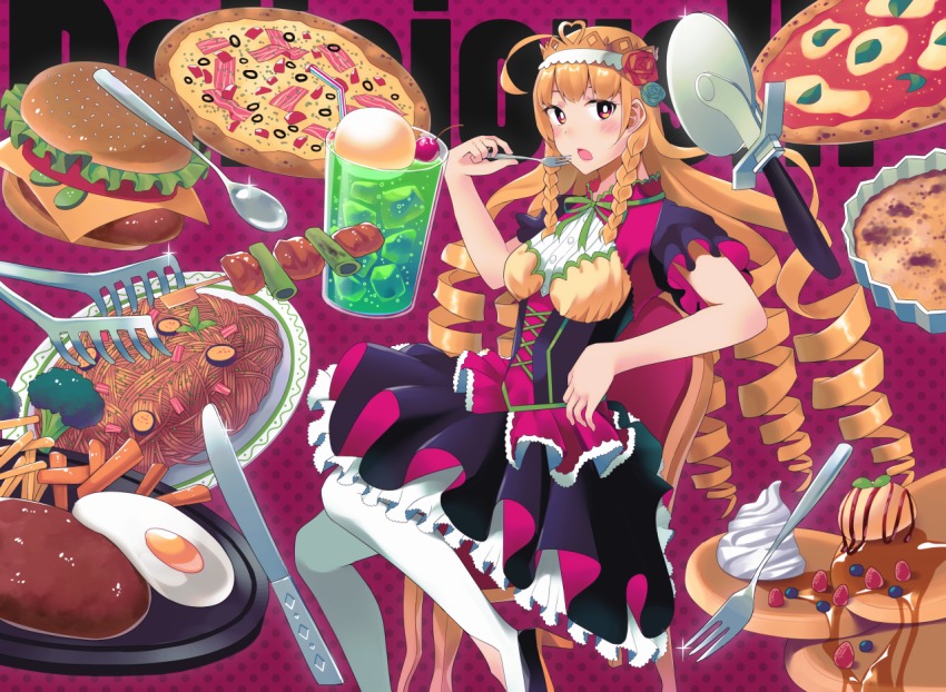 1girl ahoge berry black_footwear black_skirt blonde_hair blush braid brown_eyes burger chair cherry crown dotted_background drill_hair drink drinking_straw egg english_text female_focus flower food food_request fork french_fries fruit hair_flower hair_ornament high_heels knife long_hair looking_at_viewer margherita_pizza noodles olive open_mouth original pancake pizza pizza_wheel purple_background quiche ryokucha_michi sidelocks sitting skewer skirt solo spoon syrup tongs very_long_hair whipped_cream white_legwear