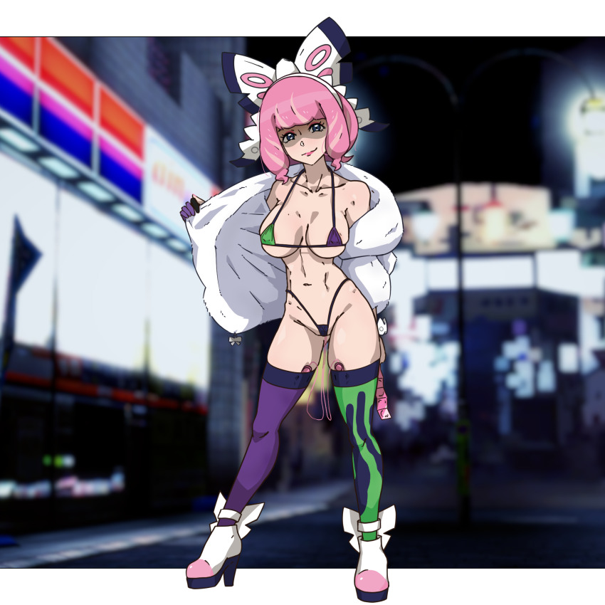 1girl asymmetrical_legwear bikini boots bow breasts coat condom creatures_(company) drill_hair exhibitionism flashing flipped_hair fur_coat fur_jacket game_freak gloves hair_bow hairband hal_san jacket klara_(pokemon) micro_bikini mismatched_legwear navel night nintendo outdoors pink_hair pokemon pokemon_swsh public_indecency sex_toy shaded_face short_hair smile solo standing swimsuit thighhighs thighs twin_drills vibrator vibrator_cord vibrator_in_thighhighs white_boots white_bow white_hairband