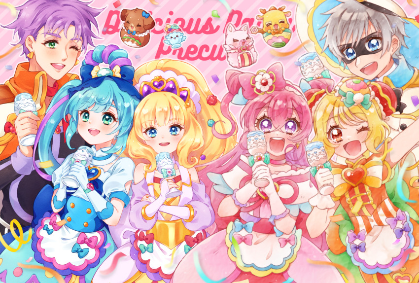 2boys 4girls :d apron arm_up artist_collaboration back_bow big_hair black_pepper_(precure) black_shirt blonde_hair blue_bow blue_dress blue_eyes blue_gloves blue_hair bow bridal_gauntlets bun_cover china_dress chinese_clothes choker clothing_cutout commentary cone_hair_bun confetti copyright_name cup cure_finale cure_precious cure_spicy cure_yum-yum delicious_party_precure domino_mask double_bun dress earrings fuwa_kokone gloves green_eyes grey_hair hair_bow hair_bun hair_ornament hair_rings hairband hanamichi_ran hand_on_own_arm hat heart highres holding holding_cup jacket jacket_on_shoulders jewelry kasai_amane kashitani_futaba kome-kome large_bow long_hair long_sleeves looking_at_viewer magical_boy magical_girl mask medium_dress mem-mem_(precure) multiple_boys multiple_girls nagomi_yui nakatsu_(pr_nagom) one_eye_closed open_mouth orange_bow orange_dress orange_hair pam-pam pink_background pink_bow pink_choker pink_dress pink_hair pink_hairband precure purple_dress purple_eyes purple_hair purple_headwear recipipi red_eyes rosemary_(precure) shinada_takumi shirt short_hair short_sleeves shoulder_cutout side_ponytail single_hair_ring smile standing streamers sun_hat text_background tiara two_side_up waist_apron white_gloves white_headwear white_jacket