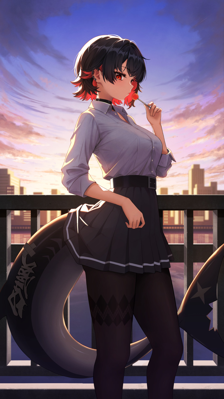 1girl absurdres belt black_belt black_choker black_hair black_pantyhose black_skirt candy choker cityscape colored_inner_hair ellen_joe ellen_joe_(on_campus) fins fish_tail food highres holding holding_candy holding_food holding_lollipop junwon09 lollipop looking_at_viewer multicolored_hair official_alternate_costume pantyhose red_eyes red_hair shark_girl shark_tail skirt streaked_hair tail twilight zenless_zone_zero
