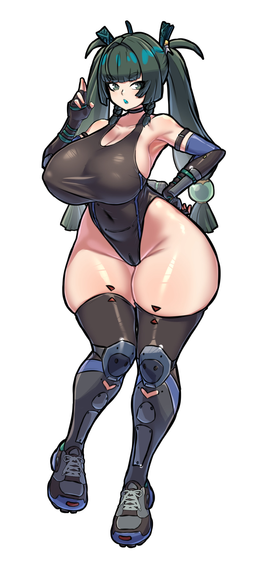 1girl absurdres alternate_costume android armpits bare_shoulders black_choker black_gloves black_one-piece_swimsuit black_shoes black_thighhighs blunt_bangs braid breasts choker cleavage collarbone competition_swimsuit covered_erect_nipples covered_navel curvy elbow_gloves fingerless_gloves full_body gloves green_eyes green_hair hair_ornament hair_ribbon hand_on_own_hip hand_up highres huge_breasts knee_pads long_hair mold_(pixiv6616319) one-piece_swimsuit open_mouth pouch qingyi_(zenless_zone_zero) ribbon shoes simple_background sneakers solo sphere_hair_ornament swimsuit thick_thighs thighhighs thighs twin_braids twintails white_background wide_hips zenless_zone_zero