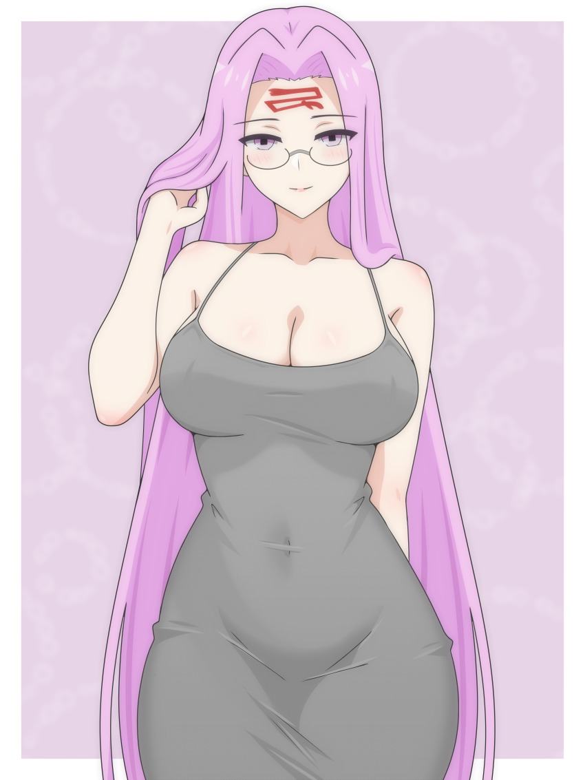 1girl absurdres arm_behind_back blush breasts cleavage closed_mouth collarbone covered_navel cowboy_shot dani_(angrymatthew) dongtan_dress eyebrows_hidden_by_hair eyes_visible_through_hair facial_mark facing_viewer fate/grand_order fate/stay_night fate_(series) forehead_mark glasses highres large_breasts long_bangs long_hair looking_at_viewer medusa_(fate) medusa_(rider)_(fate) meme_attire out_of_frame parted_bangs playing_with_own_hair purple_background purple_eyes purple_hair smile solo standing very_long_hair