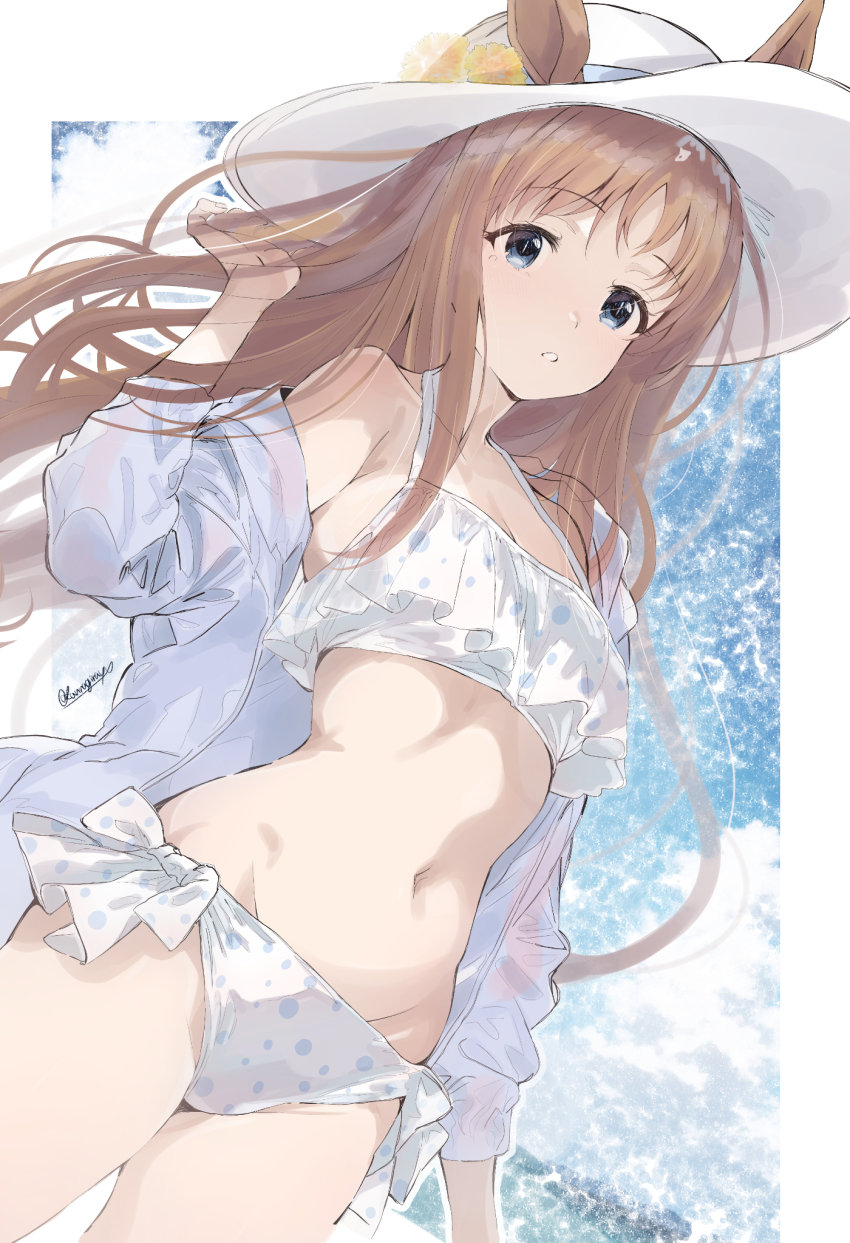 1girl animal_ears bikini blue_eyes brown_hair commentary_request cowboy_shot frilled_bikini frills grass_wonder_(umamusume) grey_jacket hat highres horse_ears horse_girl jacket kannagiray long_hair navel polka_dot polka_dot_bikini side-tie_bikini_bottom solo sun_hat swimsuit umamusume white_bikini white_hat
