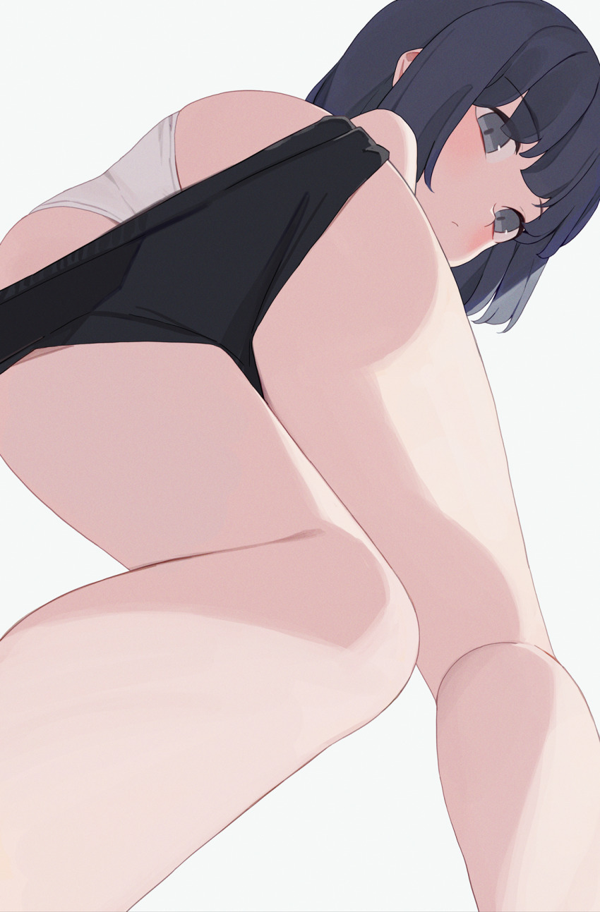 1girl ass black_buruma black_hair blush buruma buruma_pull clothes_pull from_behind grey_eyes highres hiroki_(yyqw7151) looking_at_viewer looking_back lying original panties short_hair underwear white_background white_panties