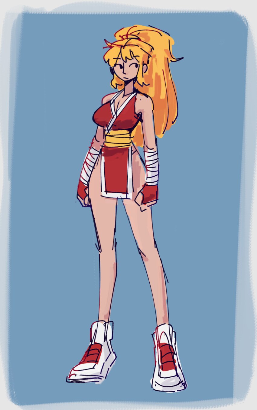 1girl absurdres artsywak bare_shoulders blonde_hair breasts brown_eyes cleavage expressionless final_fight final_fight_2 genryuusai_maki high_ponytail highres large_breasts long_hair looking_at_viewer ninja pelvic_curtain ponytail revealing_clothes shiny_skin shoes sneakers street_fighter teeth wide_hips