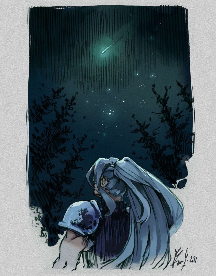 1boy aged_down armor border commentary cropped_torso english_commentary facing_away final_fantasy final_fantasy_vii grey_border grey_hair highres inset_border long_hair looking_up male_focus night night_sky outdoors pauldrons sephiroth shooting_star shoulder_armor sky sleeveless sleeveless_sweater star_(sky) sweater toned toned_male tree turtleneck turtleneck_sweater upper_body viviv_z_ra