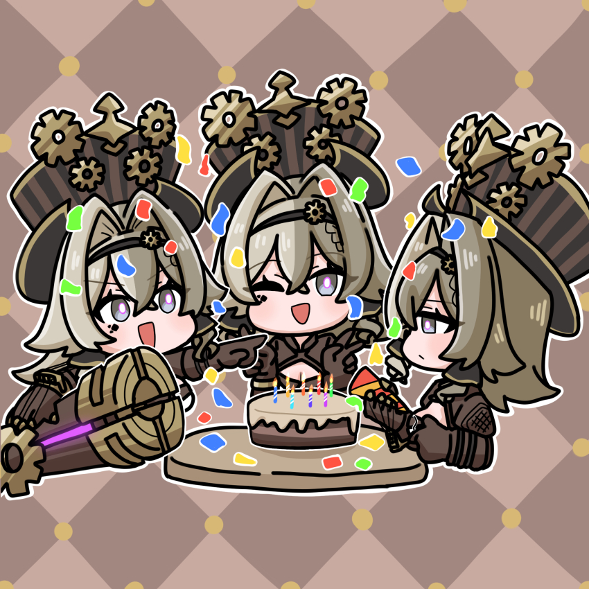 3girls :d ;d argyle_background black_hairband breasts brown_background brown_gloves brown_hair brown_jacket cake candle cleavage clone commentary_request confetti fire food gears gloves grey_eyes hair_between_eyes hair_intakes hairband hat highres holding honkai_(series) honkai_impact_3rd jacket medium_breasts mokkyo_(motkyo) multiple_girls multiple_persona one_eye_closed open_mouth party_popper pointing smile striped_clothes striped_headwear top_hat v-shaped_eyebrows vertical-striped_clothes vertical-striped_headwear vill-v