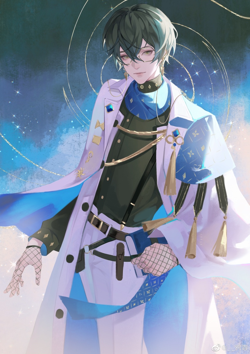 1boy absurdres belt belt_buckle belt_pouch black_shirt blue_background blue_capelet blue_hair blue_scarf book book_strap brown_belt brown_hair buckle capelet chinese_commentary coat cowboy_shot dress_shirt earrings eyewear_strap fishnet_gloves fishnets glasses gloves gradient_background hair_between_eyes highres ike_eveland ike_eveland_(1st_costume) jewelry lapel_pin lips long_sleeves looking_at_viewer male_focus nijisanji nijisanji_en open_clothes open_coat pants pouch print_scarf scarf shirt short_hair smile solo sparkle standing suspenders tassel turtleneck two-sided_capelet virtual_youtuber watermark weibo_watermark white_capelet white_coat white_pants yaqing yellow_eyes