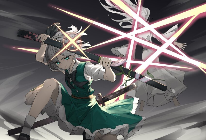 1girl 1other black_bow black_bowtie bow bowtie chinese_commentary closed_mouth collared_shirt commentary_request devilkillerx green_eyes green_skirt green_vest hairband highres holding holding_sheath holding_sword holding_weapon konpaku_youmu mixed-language_commentary multiple_swords puffy_short_sleeves puffy_sleeves sheath sheathed sheathing shirt shoes short_sleeves skirt skirt_set slashing socks sword sword_on_back touhou vest weapon weapon_on_back white_hair white_shirt white_socks