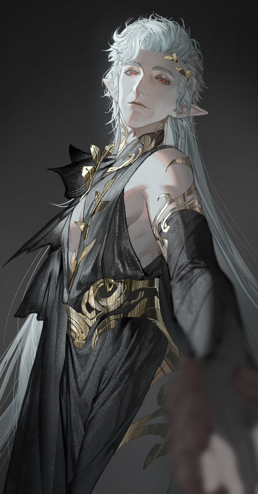 1boy alternate_hair_length alternate_hairstyle astarion baldur&#039;s_gate baldur&#039;s_gate_3 black_background black_dress blurry blurry_foreground bright_pupils cleavage_cutout clothing_cutout collared_dress cowboy_shot detached_sleeves dress eboda-x elf expressionless gradient_background highres long_hair looking_at_viewer male_focus pointy_ears realistic red_eyes simple_background sleeveless sleeveless_dress solo standing white_hair white_pupils
