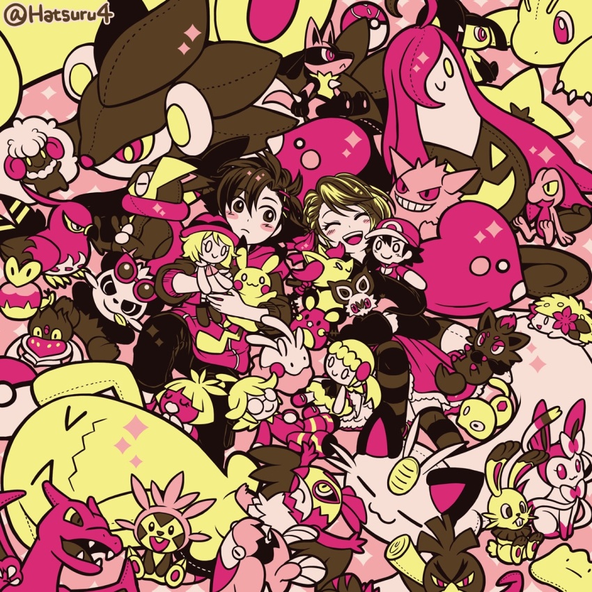 1boy 1girl applin ash_ketchum black_hair blonde_hair blush bonnie_(pokemon) braixen charizard chespin clemont_(pokemon) closed_eyes couple ditto doll fletchinder game_freak gen_1_pokemon gen_2_pokemon gen_3_pokemon gen_4_pokemon gen_5_pokemon gen_6_pokemon gen_8_pokemon glasses goomy hatsuru_826 hawlucha hetero highres holding legendary_pokemon lucario luvdisc luxray mawile meowth mythical_pokemon nintendo noibat pancham pikachu poke_ball pokemon pokemon_(anime) pokemon_(creature) pokemon_xy_(anime) serena_(pokemon) shaymin short_hair sirfetch&#039;d smile smoochum sylveon treecko whimsicott wobbuffet zorua zygarde zygarde_cell zygarde_core