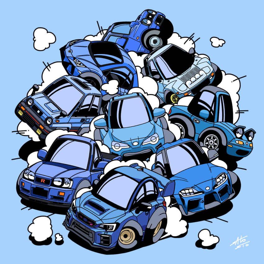 blue_background blue_car blue_theme car chibi choro-q eunos_roadster highres honda honda_city lamborghini lamborghini_huracan lancia_(brand) lancia_stratos mazda mazda_mx-5 mazda_mx-5_na motor_vehicle nissan nissan_skyline nissan_skyline_gt-r nissan_skyline_r34 no_humans satosio shadow smoke spoiler_(automobile) sports_car sports_utility_vehicle subaru_(brand) subaru_impreza suzuki_(company) suzuki_jimny toyota toyota_86 toyota_supra toyota_supra_mk_v vehicle_focus