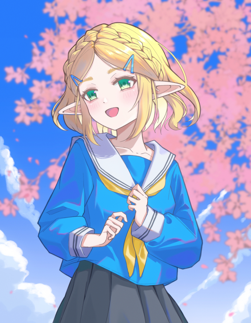 1girl alternate_costume black_skirt blonde_hair blue_shirt braid cherry_blossoms cloud cloudy_sky collarbone commentary contemporary crown_braid english_commentary green_eyes hair_ornament hairclip highres koharustuki neckerchief nintendo open_mouth outdoors pleated_skirt pointy_ears princess_zelda sailor_collar shirt short_hair skirt sky solo standing the_legend_of_zelda the_legend_of_zelda:_tears_of_the_kingdom white_sailor_collar yellow_neckerchief