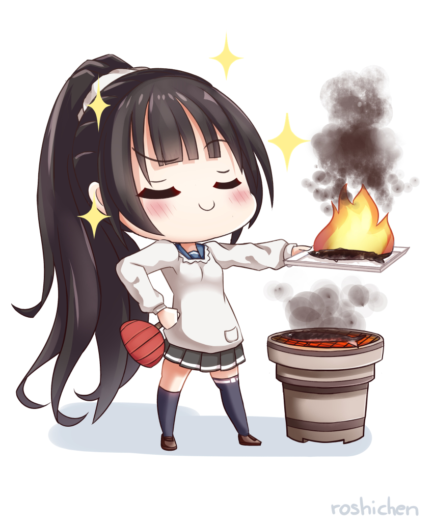 1girl absurdres apron artist_name bad_food black_hair black_shoes black_skirt black_socks blue_sailor_collar blush burning burnt chibi closed_eyes closed_mouth commentary_request fire fish grill hand_fan highres holding isokaze_(kancolle) isokaze_(saury_festival)_(kancolle) kantai_collection kappougi kneehighs long_hair plate pleated_skirt ponytail roshi_chen sailor_collar saury school_uniform serafuku shoes simple_background skirt smile smoke socks solo sparkle white_background