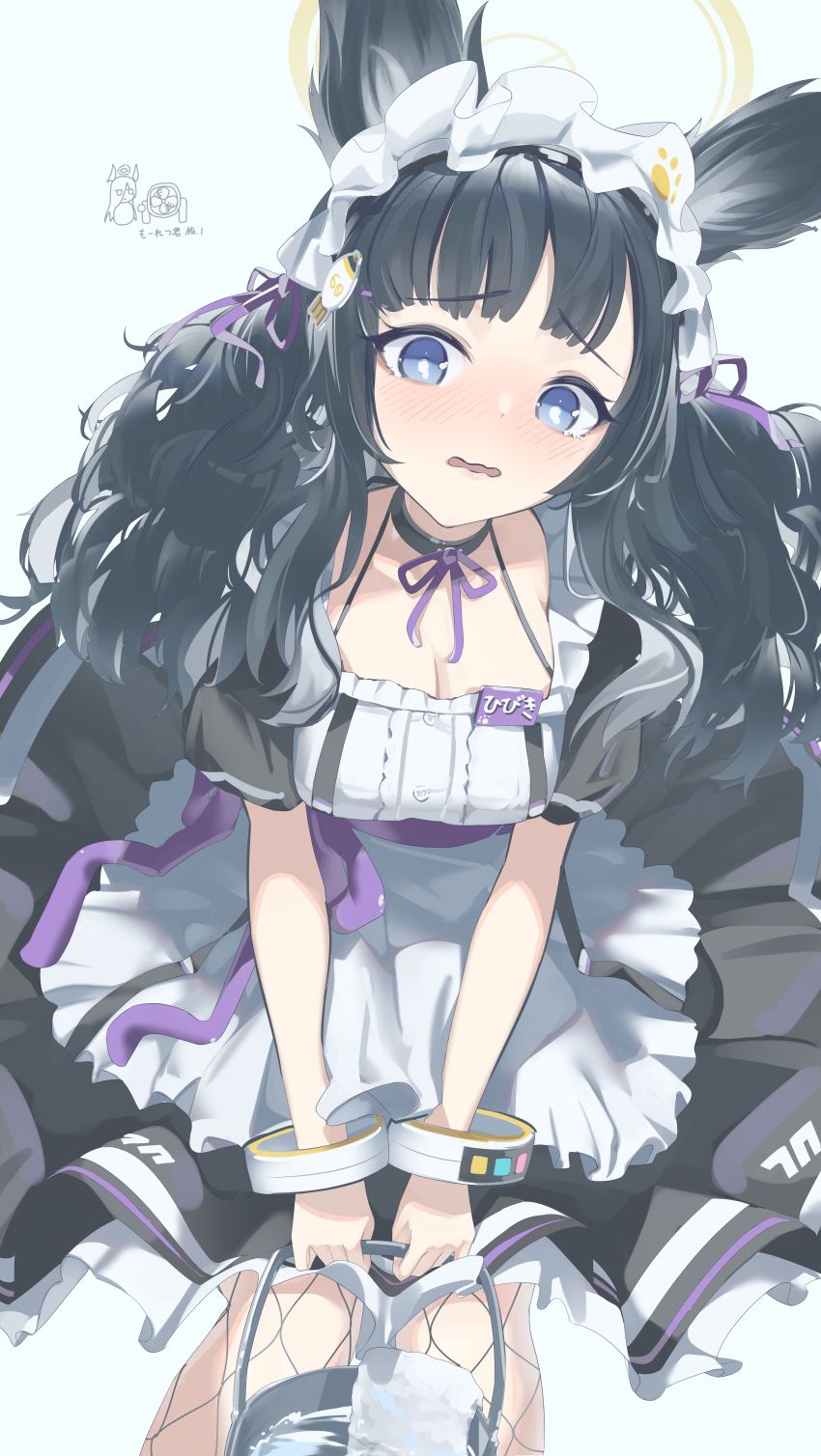 1girl absurdres alternate_costume animal_ears apron black_dress black_hair blue_archive blue_eyes blush bucket dog_ears dress embarrassed enmaided fluffy_hair frilled_apron frilled_dress frills halo hibiki_(blue_archive) highres holding holding_bucket id_card maid maid_apron maid_headdress puffy_short_sleeves puffy_sleeves short_sleeves solo tamagore twintails waist_apron wavy_mouth white_apron wrist_cuffs