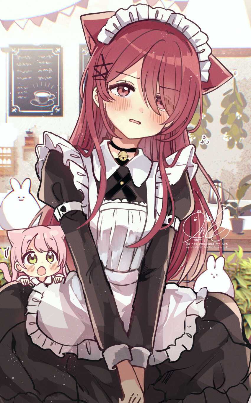 2girls :o absurdres alternate_costume animal animal_ears animal_ears_helmet animal_helmet apron bell black_choker black_dress blush cat_ears cat_girl cat_tail chibi choker collared_dress commentary_request dress enmaided flying_sweatdrops frilled_apron frilled_dress frills fushigi_na_neko_no_machi_meltier green_eyes hair_ornament hair_over_one_eye hairclip highres indoors jingle_bell layered_sleeves long_hair long_sleeves maid maid_apron maid_headdress mini_person minigirl moco_(fushigi_na_neko_no_machi_meltier) multiple_girls nagi_(fushigi_na_neko_no_machi_meltier) neck_bell open_mouth parted_lips pennant pink_hair puffy_short_sleeves puffy_sleeves rabbit red_eyes red_hair sakura_oriko short_over_long_sleeves short_sleeves signature string_of_flags tail very_long_hair watermark window x_hair_ornament