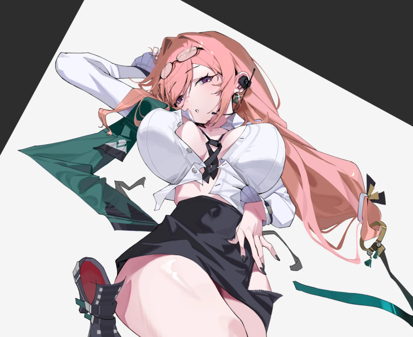 1girl :o black_background black_nails black_skirt boots breasts commentary earphones earrings eyewear_on_head glasses jewelry large_breasts long_hair pink_hair shirt shuishi_tidu skirt solo symbol-only_commentary thighs tsukishiro_yanagi two-tone_background unbuttoned unbuttoned_shirt unworn_boots white_shirt zenless_zone_zero