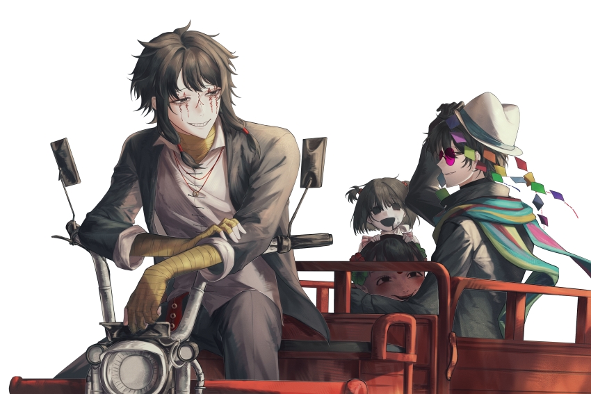 1girl 2boys absurdres bandaged_arm bandaged_hand bandages black_eyes black_hair black_jacket black_pants chinese_commentary collared_shirt commentary_request facial_tattoo grin hair_bobbles hair_ornament hand_on_own_head hat highres huai_huizhi huai_yunqing jacket kc-rk_sl long_sleeves male_focus multicolored_scarf multiple_boys open_clothes open_jacket open_mouth pants pink_shirt scarf shirt short_hair short_twintails sleeveless sleeveless_shirt smile tattoo touqi_guaitan twintails white_background white_hat white_shirt ziche_fuzhao