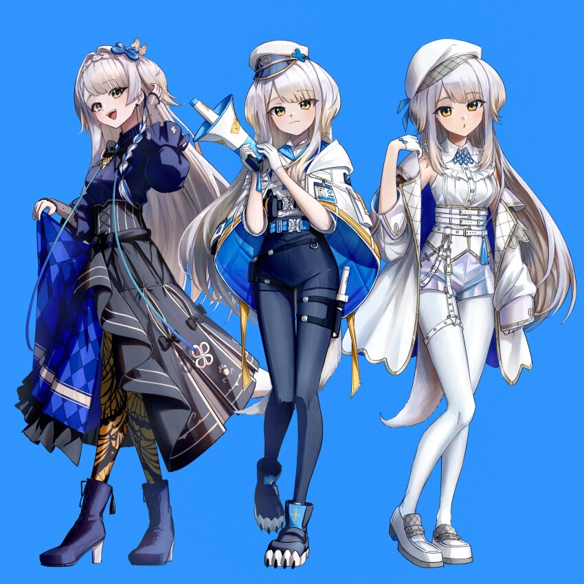 1girl :3 :d :o absurdres animal_ears argyle_clothes argyle_skirt armillarphere_v baton_(weapon) belt belt_buckle beret black_bow black_bowtie black_skirt blonde_hair blue_background blue_belt blue_boots blue_pantyhose blue_shirt blue_shoes blue_shorts blue_skirt blush boots bow bowtie braid brooch buckle capelet chain chest_harness closed_mouth collared_shirt commentary_request corset crotch_seam crown_braid cuffs dog_ears dog_girl dog_tail earrings frilled_sleeves frills gloves gradient_hair green_eyes grey_hair hair_intakes hair_ornament half-skirt hand_up handcuffs hands_up harness hat high-waist_shorts high-waist_skirt high_heel_boots high_heels highres holding holding_megaphone holographic_clothing holster id_card jacket jewelry lace lace-up_boots lace_sleeves lapels layered_skirt loafers long_hair long_sleeves looking_at_viewer megaphone multicolored_eyes multicolored_hair multicolored_shorts multiple_views nijisanji off_shoulder open_clothes open_jacket open_mouth orange_eyes pantyhose pantyhose_under_shorts parted_bangs paw_earrings paw_print paw_shoes peaked_cap police police_hat police_uniform policewoman pouch puffy_long_sleeves puffy_sleeves quilted_clothes ribbon shioriha_ruri shioriha_ruri_(1st_costume) shirt shirt_tucked_in shoes short_shorts short_sleeves shorts side_braid sidelocks simple_background single_braid skirt skirt_hold sleeve_cuffs sleeveless sleeveless_shirt smile studded_thigh_strap tail tassel teeth thigh_holster thigh_strap two-sided_capelet two-tone_eyes upper_teeth_only virtual_youtuber weapon white_belt white_capelet white_corset white_gloves white_hat white_jacket white_pantyhose white_shirt white_shoes yellow_ribbon