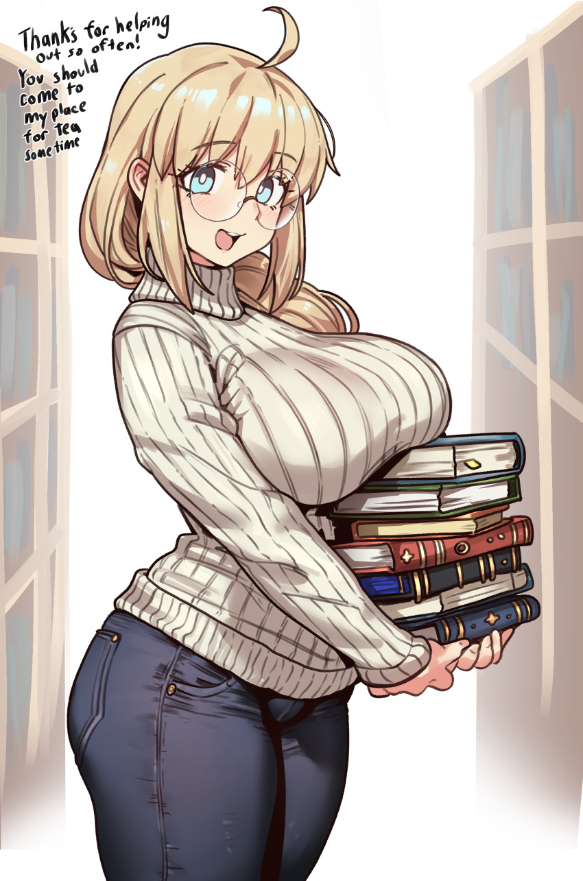 1girl absurdres aesc_(fate) aesc_(rain_witch)_(fate) ahoge blonde_hair blue_eyes blush book breasts ebora fate/grand_order fate_(series) glasses highres holding holding_book large_breasts long_hair open_mouth round_eyewear smile solo sweater turtleneck turtleneck_sweater