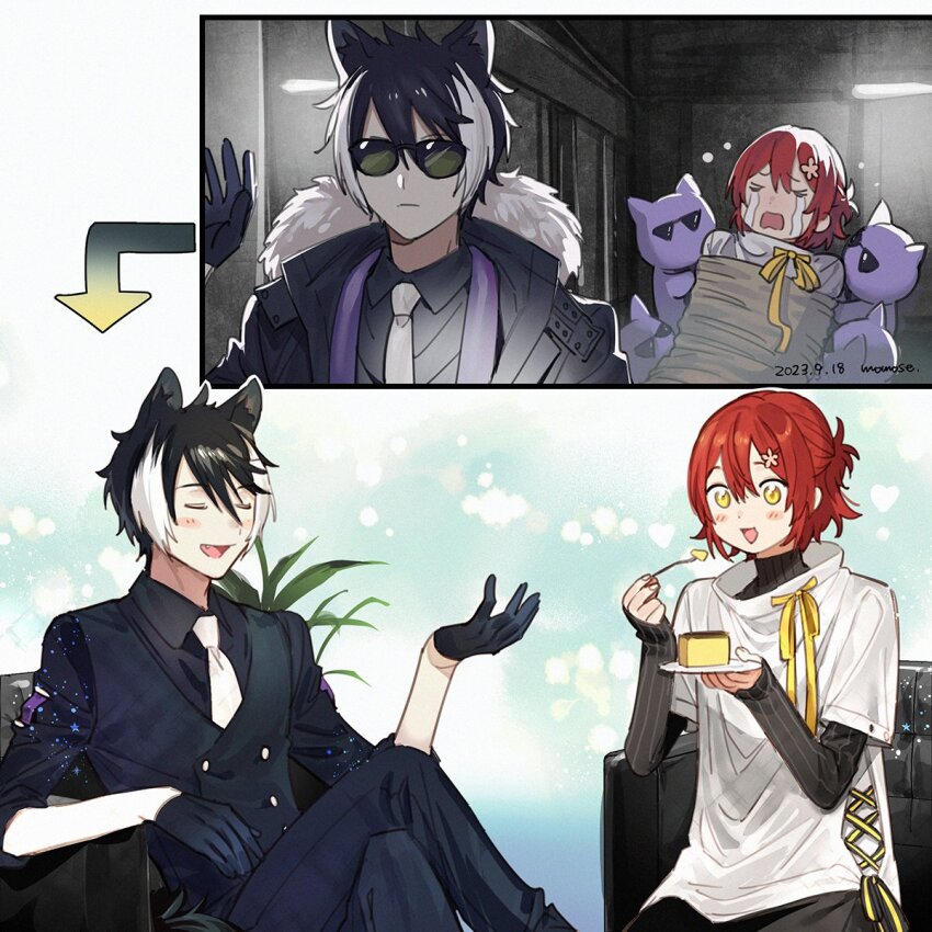 2boys :d =_= animal_ears armchair arrow_(symbol) black_coat black_gloves black_hair black_pants black_shirt black_vest bound bukatachi_(kageyama_shien) cake castella_(food) cat chair closed_eyes coat collared_shirt cowboy_shot creature crying eating fang feet_out_of_frame flower food fork fur-trimmed_coat fur_trim gloves hair_between_eyes hair_flower hair_ornament hairclip half_gloves half_updo hanasaki_miyabi hanasaki_miyabi_(1st_costume) hand_up happy highres holding holding_fork holding_plate holostars jackal_boy jackal_ears jackal_tail kageyama_shien kageyama_shien_(1st_costume) kidnapping layered_sleeves long_sleeves mafia male_focus momose_(oqo) multicolored_hair multiple_boys necktie no_coat open_mouth pants plate red_hair ribbon shirt short_hair short_over_long_sleeves short_sleeves sitting sleeves_rolled_up smile sparkling_eyes stole streaming_tears sunglasses tail tears tied_up_(nonsexual) turtleneck two-tone_hair upper_body vest virtual_youtuber white_hair white_necktie white_shirt yellow_eyes yellow_ribbon